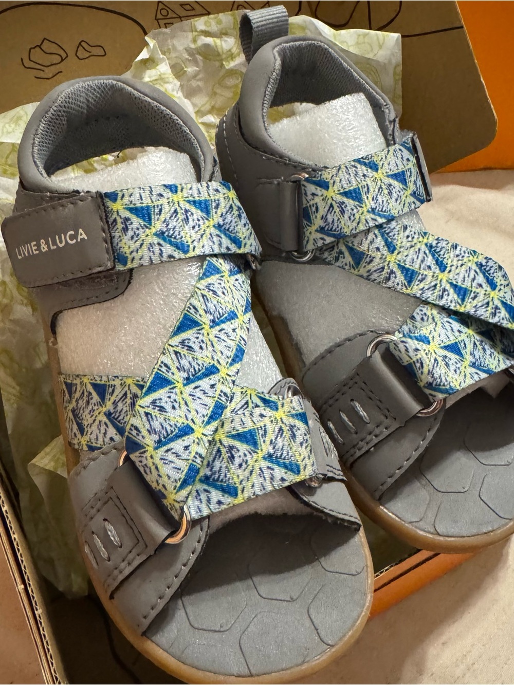 Livie & Luca Ziggy a Gray Sandals with Blue and Yellow Geometric Straps